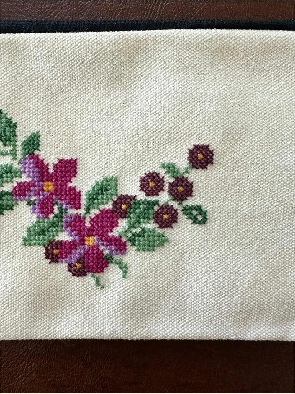 Floral Embroidered Cream Canvas Zip Pouch